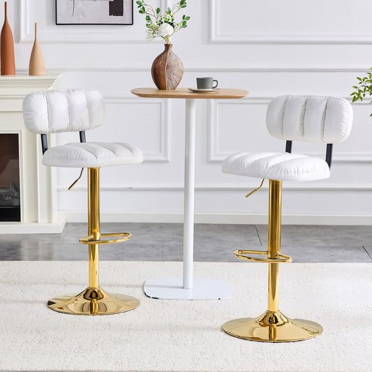 Set Of 2 Adjustable Height Bar Stools, White PU Leather Upholstered Seating With Gold Metal Base & Footrest, Luxe Glam Stools For Kitchen Island, Home Bar, Living Room