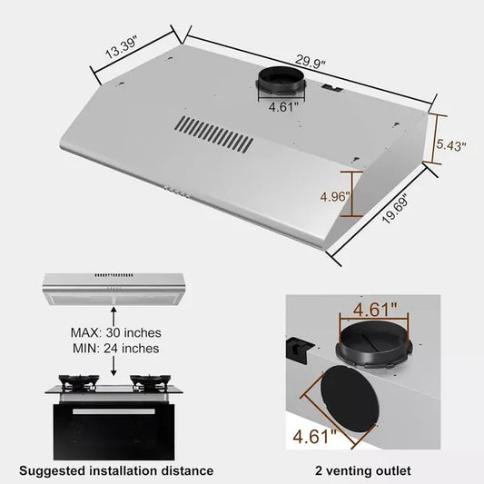 30 In Under Cabinet Range Hood 250 CFM Stainless Steel Kitchen Stove Vent Hood