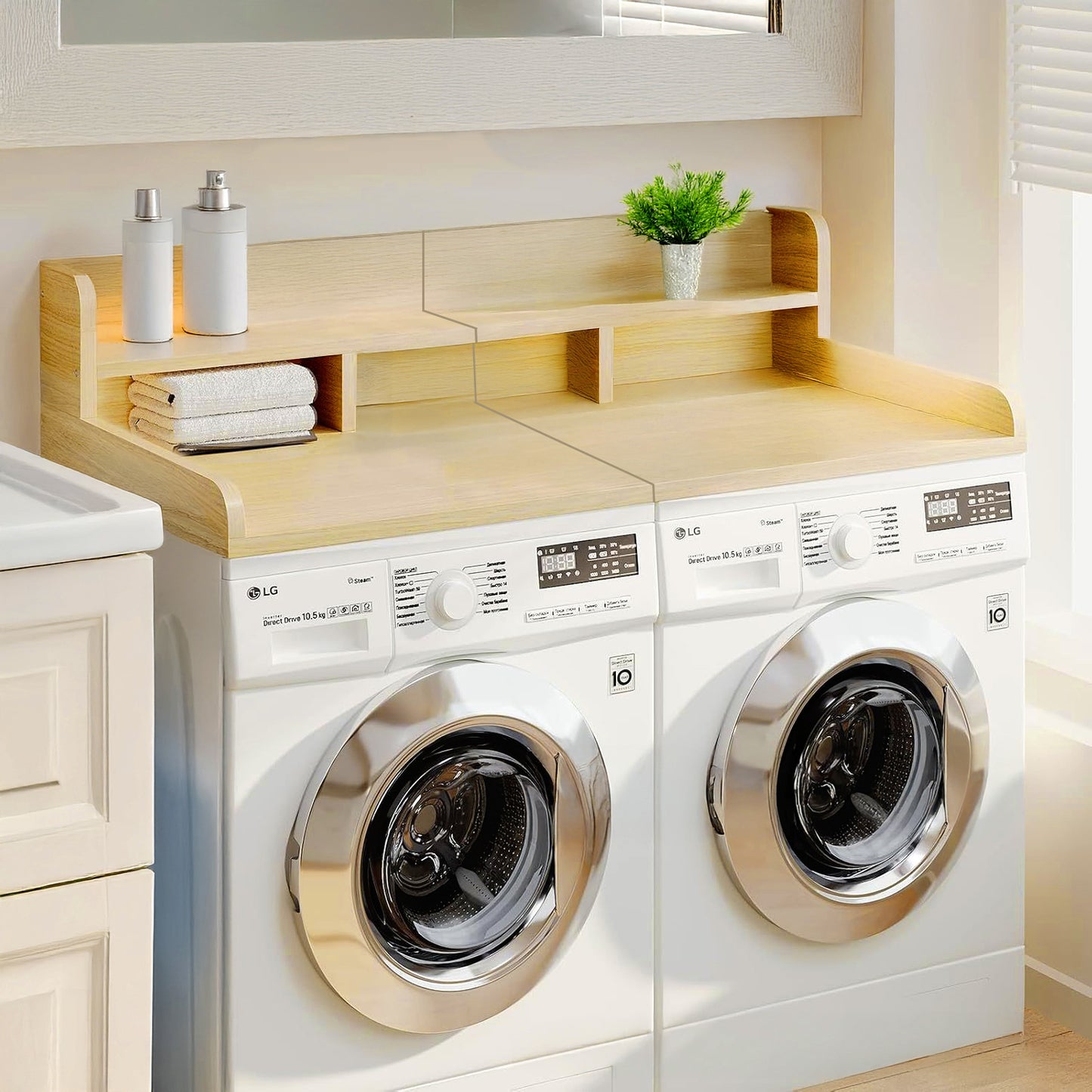 Washer Dryer Countertop With Non-slip Pads, Laundry Wood Shelf Topper With Edge, 54 Width X 27.5 Depth Double Layer Organizer For Washer And Dryer Laundry Hamper Counter Storage Organization OAK