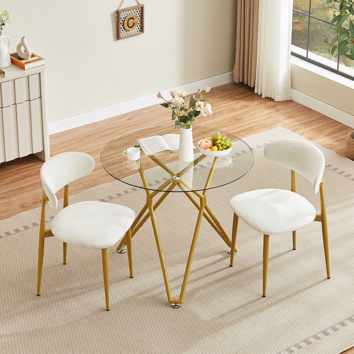 35.4-inch Round Tempered Glass Dining Table, Suitable For 1-4 People, Space-saving Small Kitchen Dining Table, Equipped With Sturdy Metal Table Legs, Suitable For Dining Room, Living Room,Gold