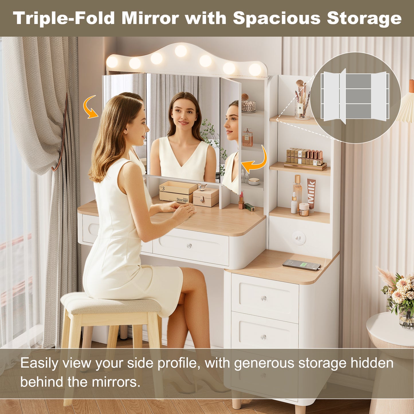 Vanity Desk With Mirror And Lights,Makeup Vanity With 2 USB Power Strip,Vanity Set With Two Drawers And Three-drawer Chest, 3 Lighting Modes Adjustable Brightness, Foldable Three-sided Mirror White