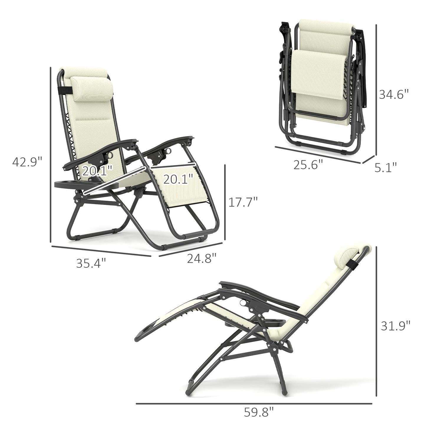 Zero Gravity Lounge Chair Set, 2 Pieces Reclining Folding Outdoor Lounge Chairs With Headrest Side Tray, Cream