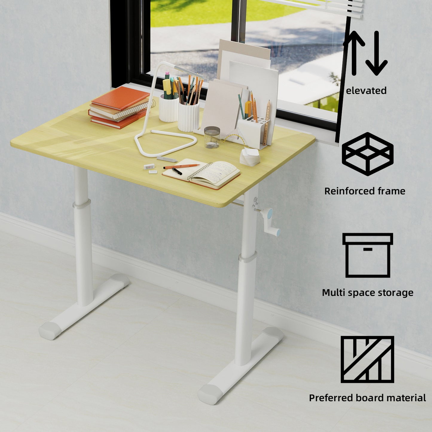 Adjustable Study Desk Suitable For Children And Adults, Height-adjustable, Multifunctional Home Office Desk, Compact Design, Desktop Dimensions 60cm X 80cm, White Frame With Natural Wood-colored Tabl