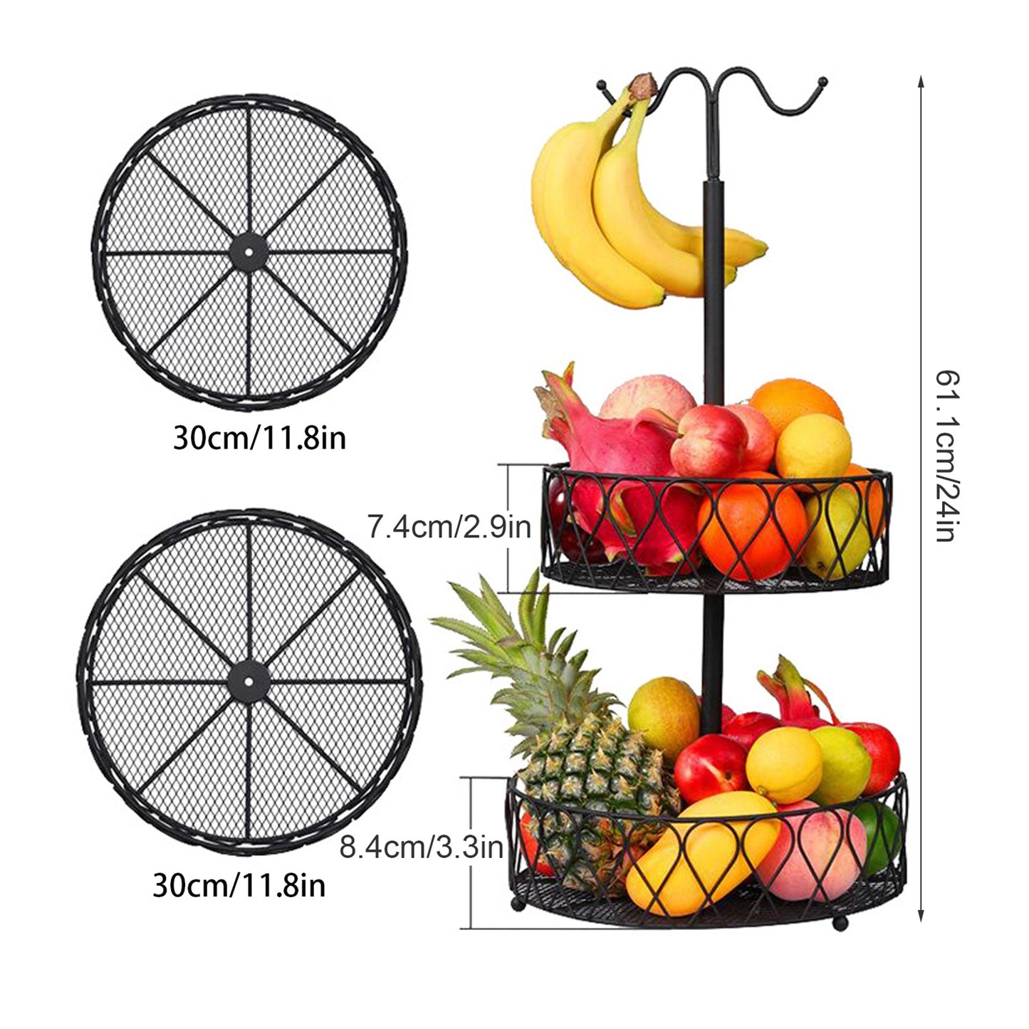 Fruit Basket With Banana Hanger Iron 2 Tier Detachable Countertop Fruit Storage Holder Stand For Living Room