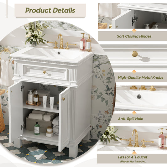 24   Vintage Elegance Bathroom Cabinet With Soft Closing Doors And Adjustable Shelf, Bathroom Vanity With Ceramic Sink