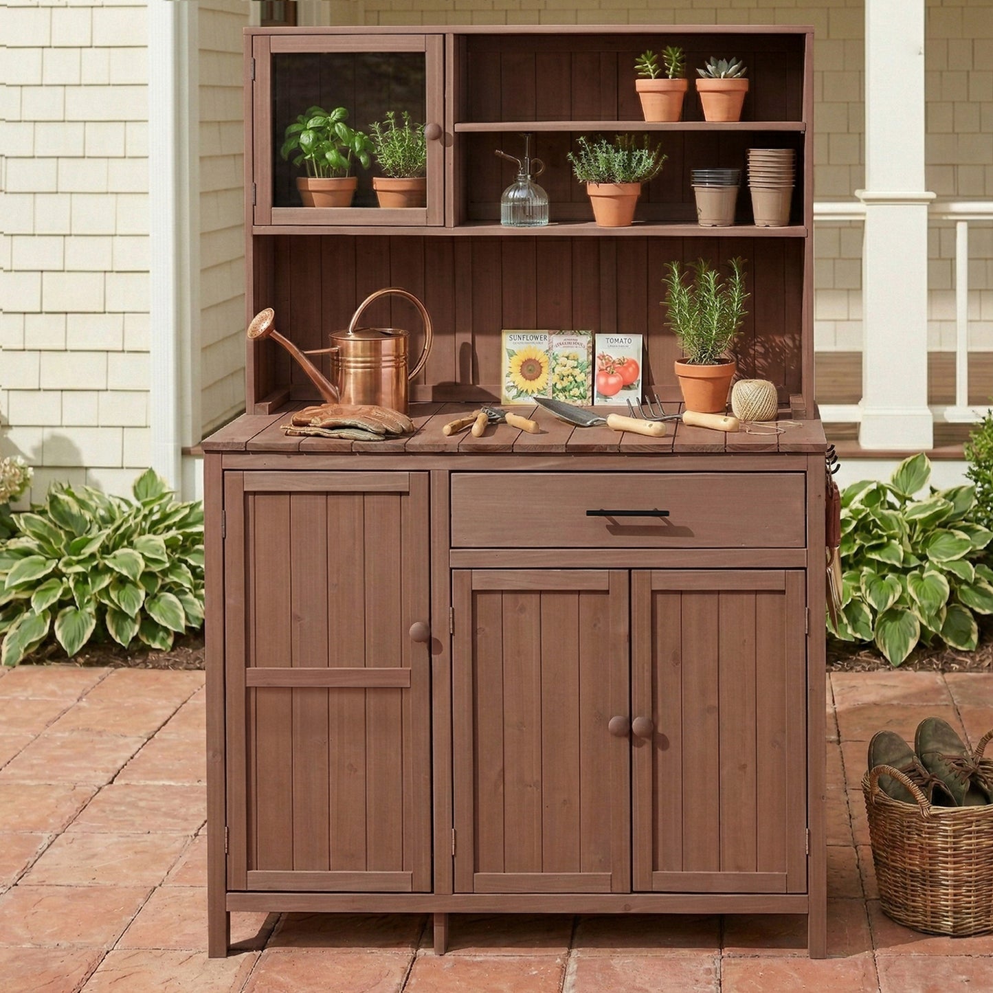 With Assembly Video  TOPAMx Potting Bench With Hutch  65  H Solid Fir Wood Garden Workstation  Large Countertop  Patio Kitchen Island With Adjustable Shelves  Spice Rack  Side Hook And Drawer  Brown