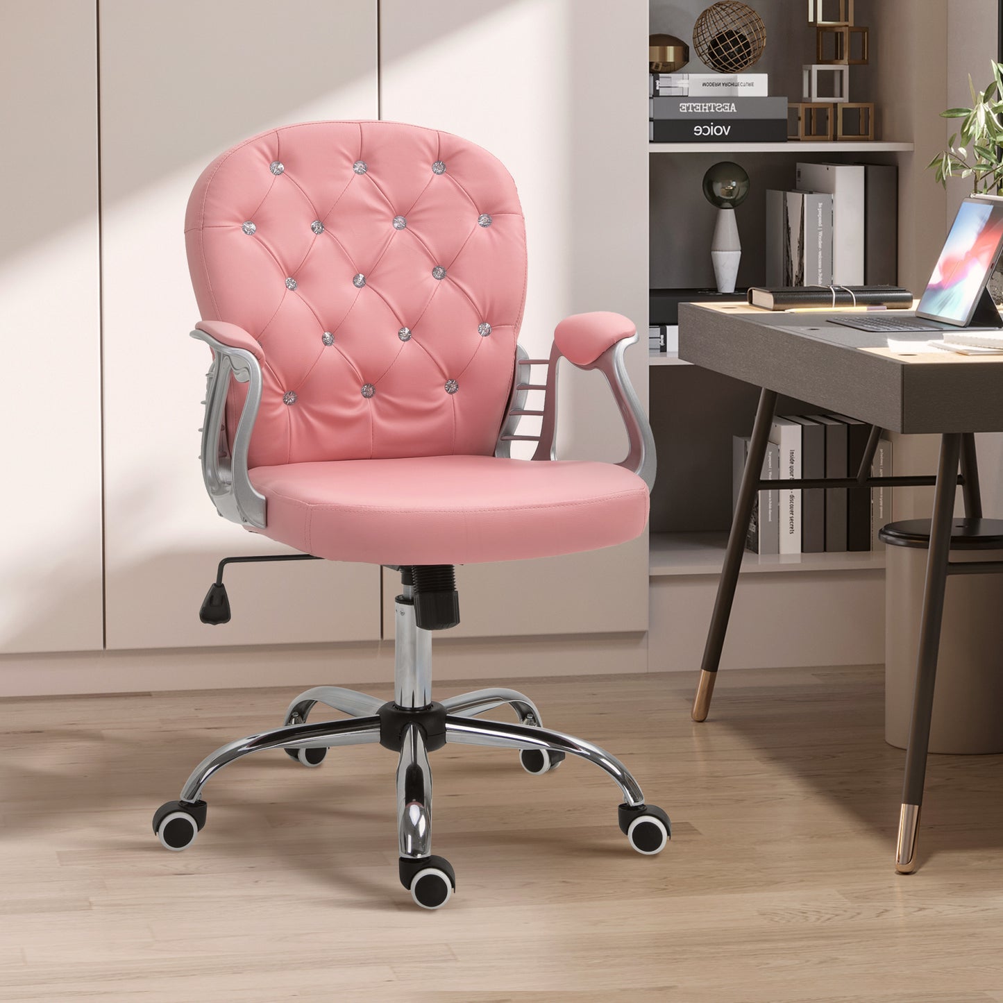PU Leather Home Office Chair, Button Tufted Desk Chair With Padded Armrests, Adjustable Height And Swivel Wheels, Pink