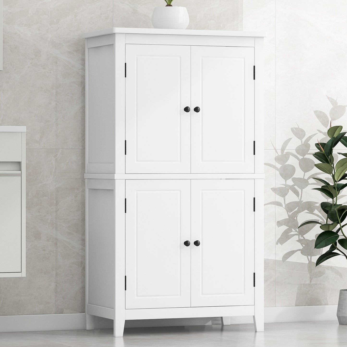 Elegant Bathroom Floor Storage Cabinet, Bathroom Storage Unit, Freestanding Cabinet With 4 Doors, Adjustable Shelves, Adaptable Shelves, White