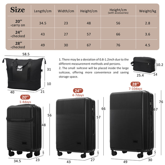 Luggage Sets 5 Piece With Half-opening, Hardside Carry On Suitcase Set With Double Spinner Wheel, Lightweight Travel Luggage With USB Port,TSA Locks