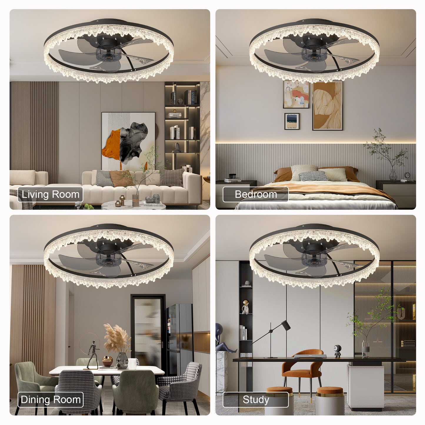 Smart Flush Mount Ceiling Fan With Light-20-inch Integrated LED Chandelier With 5 Invisible Blades, Remote Control & Timer, Dimmable Lighting, Ultra-Quiet Operation For Bedroom, Living Room, And Din