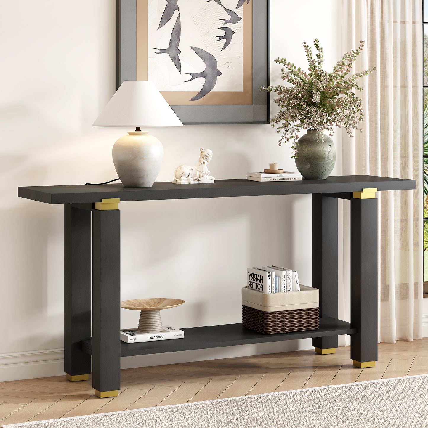 U Style 62.9  Modern Minimalist Console Table  Solid Wood Entryway Sofa Table With Metal Accents  Built In Shelf  For Living Room  Hallway  3 Colors Black  Gray  Natural