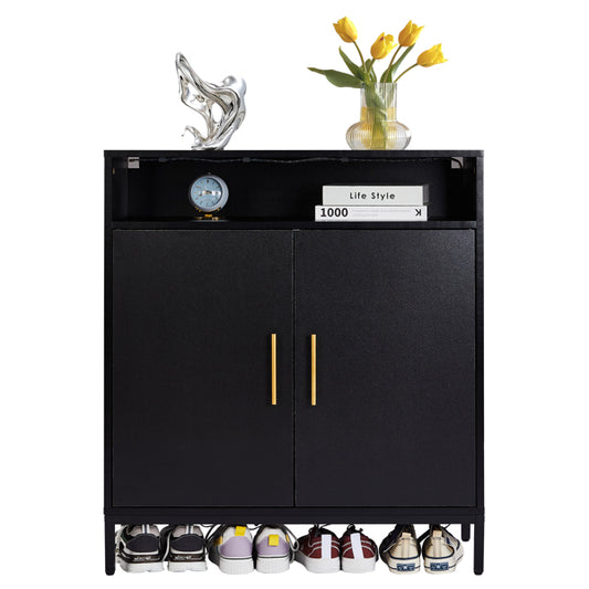 Double Door 6-Layer Shoe Cabinet With High Foot LED Lights Particle Board 80x38x90cm Black