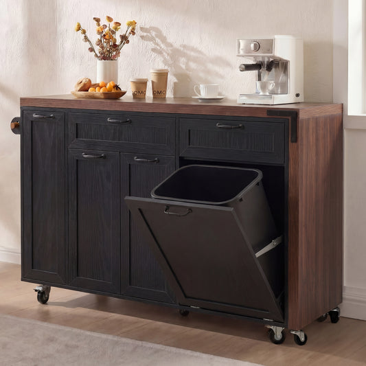 K&K 102.3  Kitchen Island With Extendable Dining Table, Kitchen Rolling Island Cart With Trash Storage Cabinet, 3 Tier Pull Out Spice Rack, Mobile Island Table On Wheels For Kitchen, Dining Room,Black