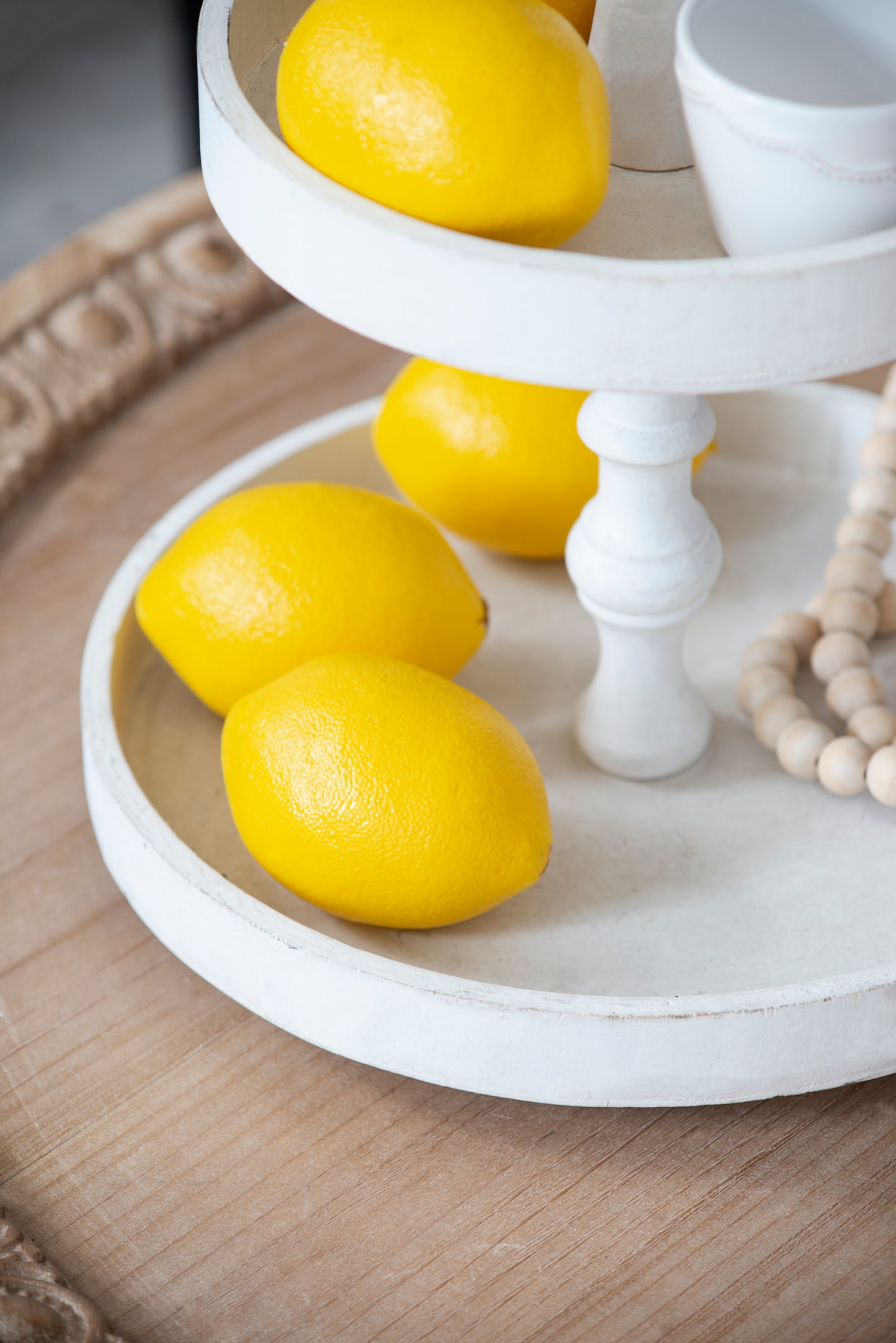 D11.8x15.4  Two- Tiered Round Wooden Tray  White