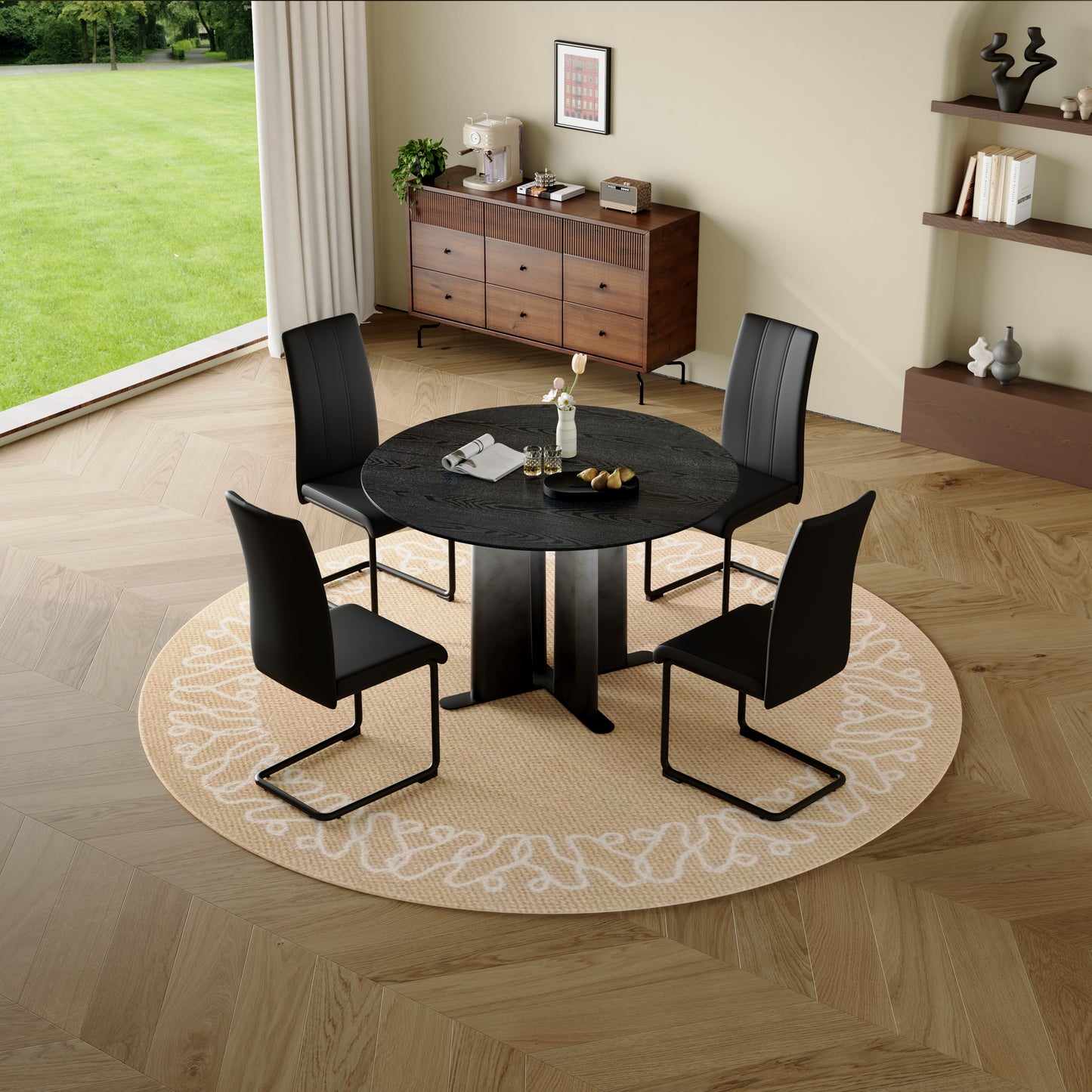 Round Black Wood Grain MDF Dining Table, Black & White Gradient Legs With Cross Base, Compact 2-4 Person Kitchen Table For Small Spaces Modern Dining Room Furniture