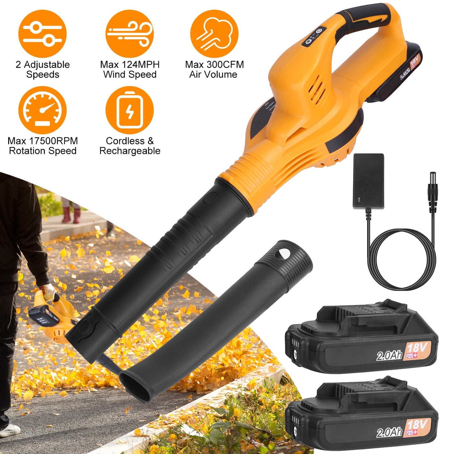 1Pc Cordless Leaf Blower Handheld Electric Battery Powered Air Blower Max 124MPH 300CFM With 2 Adjustable Speeds 2Pcs 18V 2000mA Battery And Charger For Yard Patio