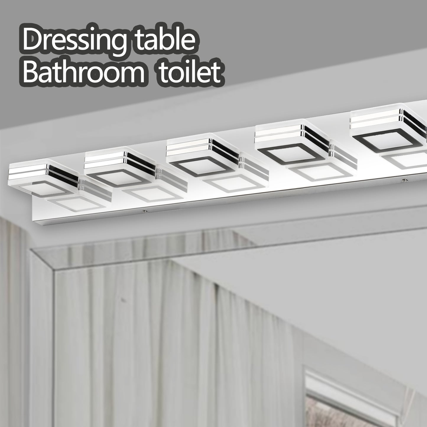 39in  Modern Chrome 6-Light LED Vanity Light, Square Acrylic Lampshades Wall Mount Fixture For Bathroom, Mirror Lighting