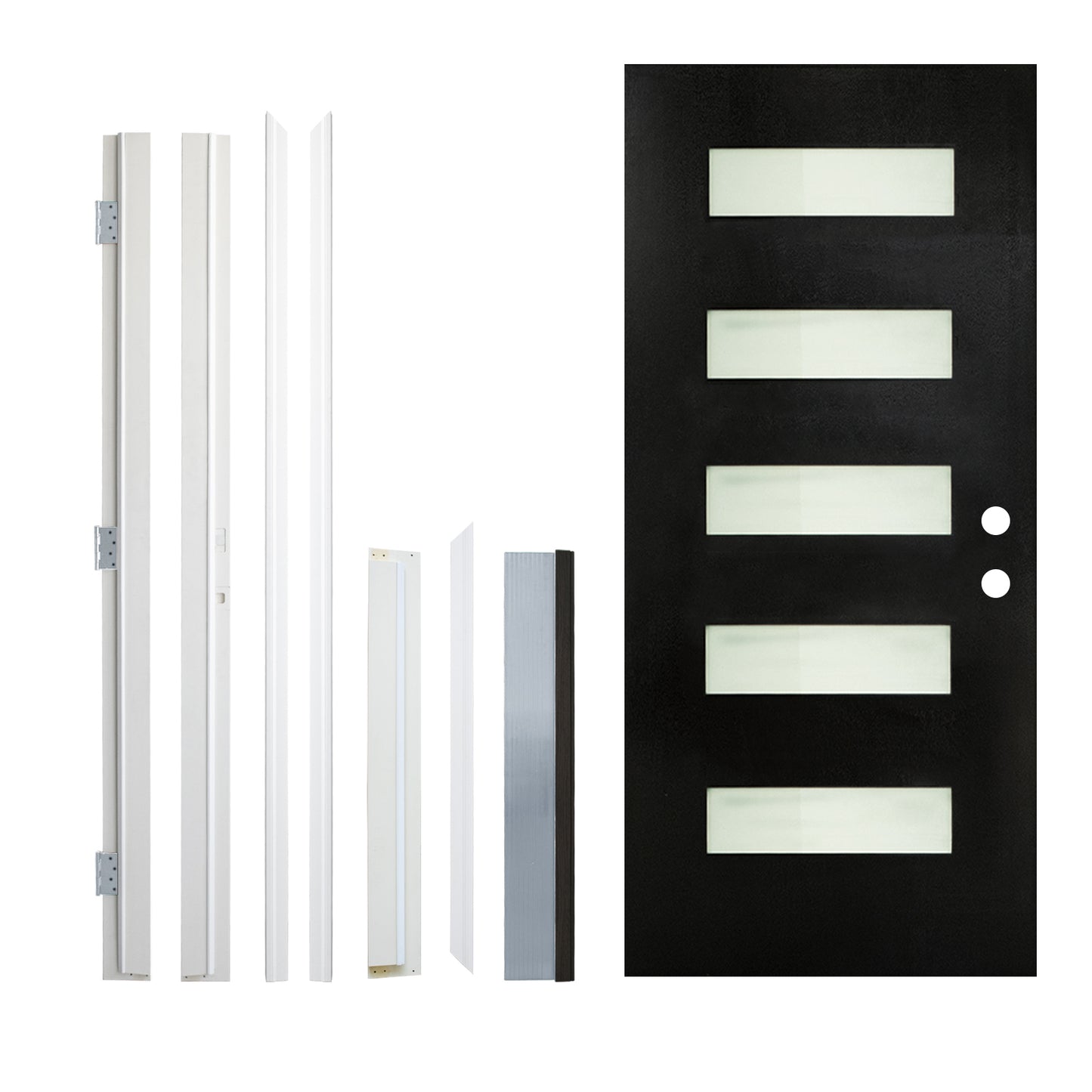 36 X 80 Fiberglass Entry Door With Brickmould, Frosted Glass, Black Finished Knock-Down Fiberglass Door - Contemporary Style For Home's Front Entrance, Left Hand Inswing With White Vinyl Frame