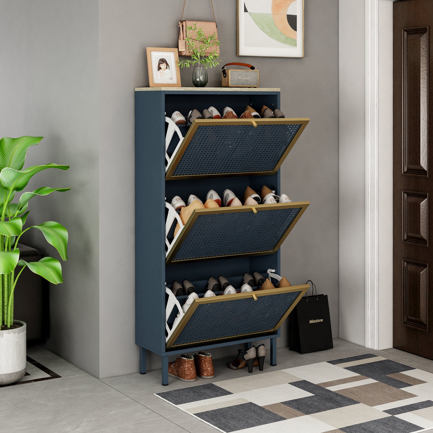 3 Metal Door Shoe Rack, Freestanding Modern Shoe Storage Cabinet, Metal Rattan, For Entryway