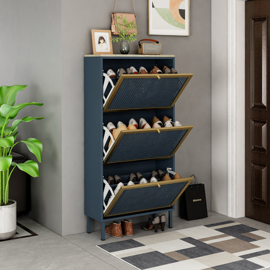 3 Metal Door Shoe Rack, Freestanding Modern Shoe Storage Cabinet, Metal Rattan, For Entryway
