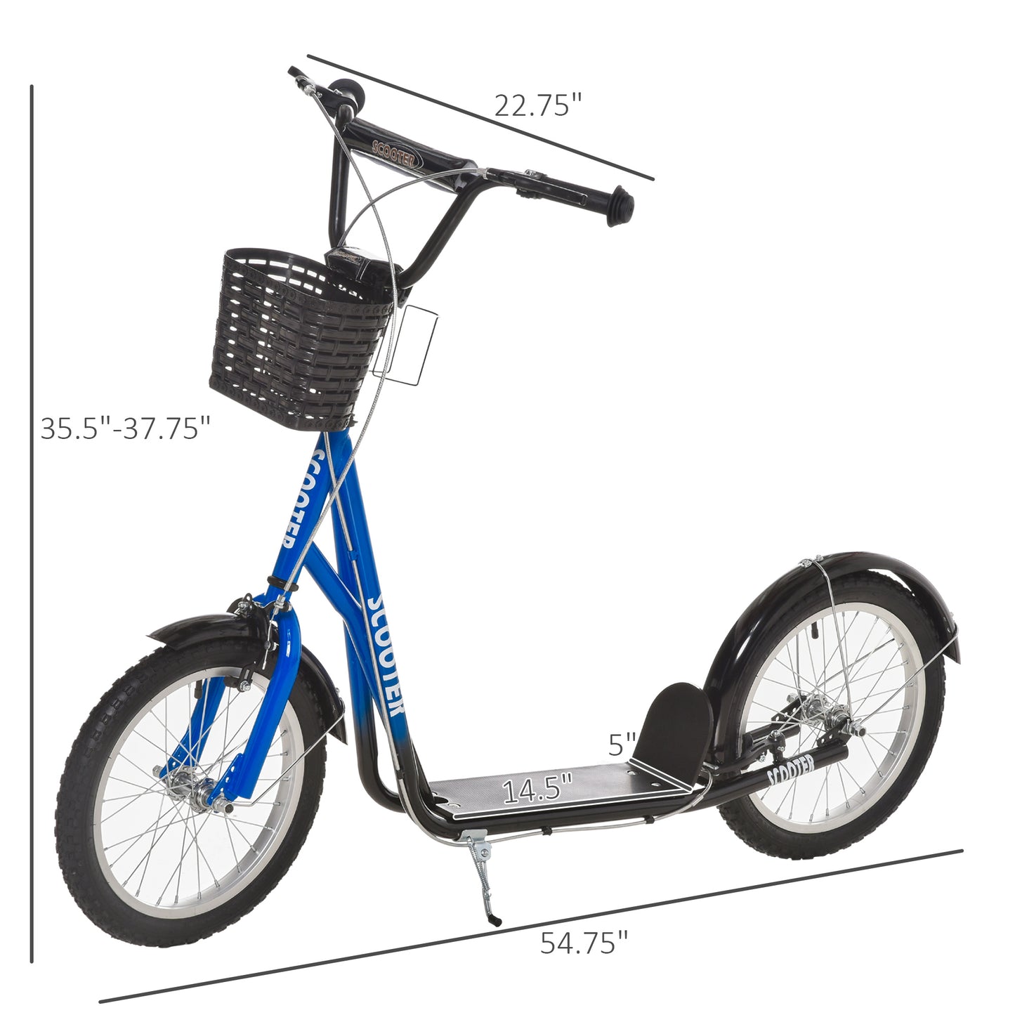 Youth Scooter, Kick Scooter With Adjustable Handlebars, Double Brakes, 16" Inflatable Rubber Tires, Basket, Cupholder, Blue