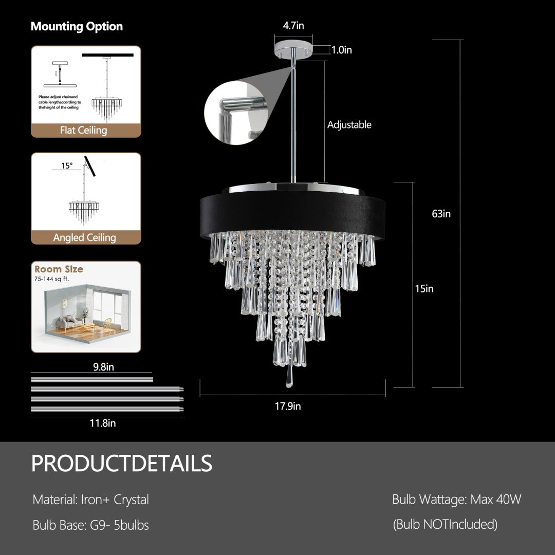 18-inch Modern Crystal Chandelier With Black Imitation Velvet Anti-Glare Shade, Adjustable Height, 8-Light G9 Base For Dining Room, Living Room, Or Bedroom  Bulb Not Included