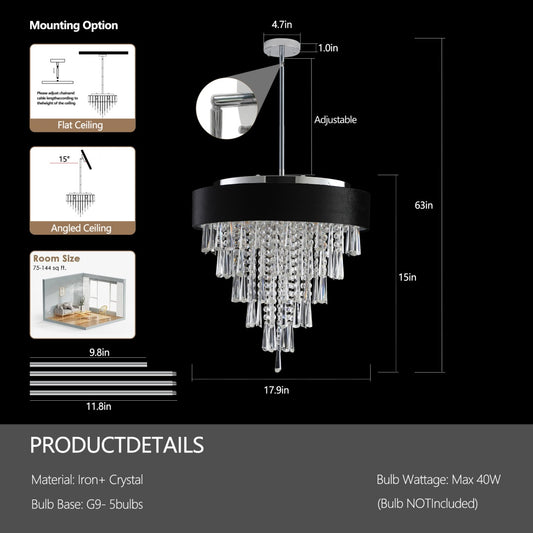 18-inch Modern Crystal Chandelier With Black Imitation Velvet Anti-Glare Shade, Adjustable Height, 8-Light G9 Base For Dining Room, Living Room, Or Bedroom  Bulb Not Included