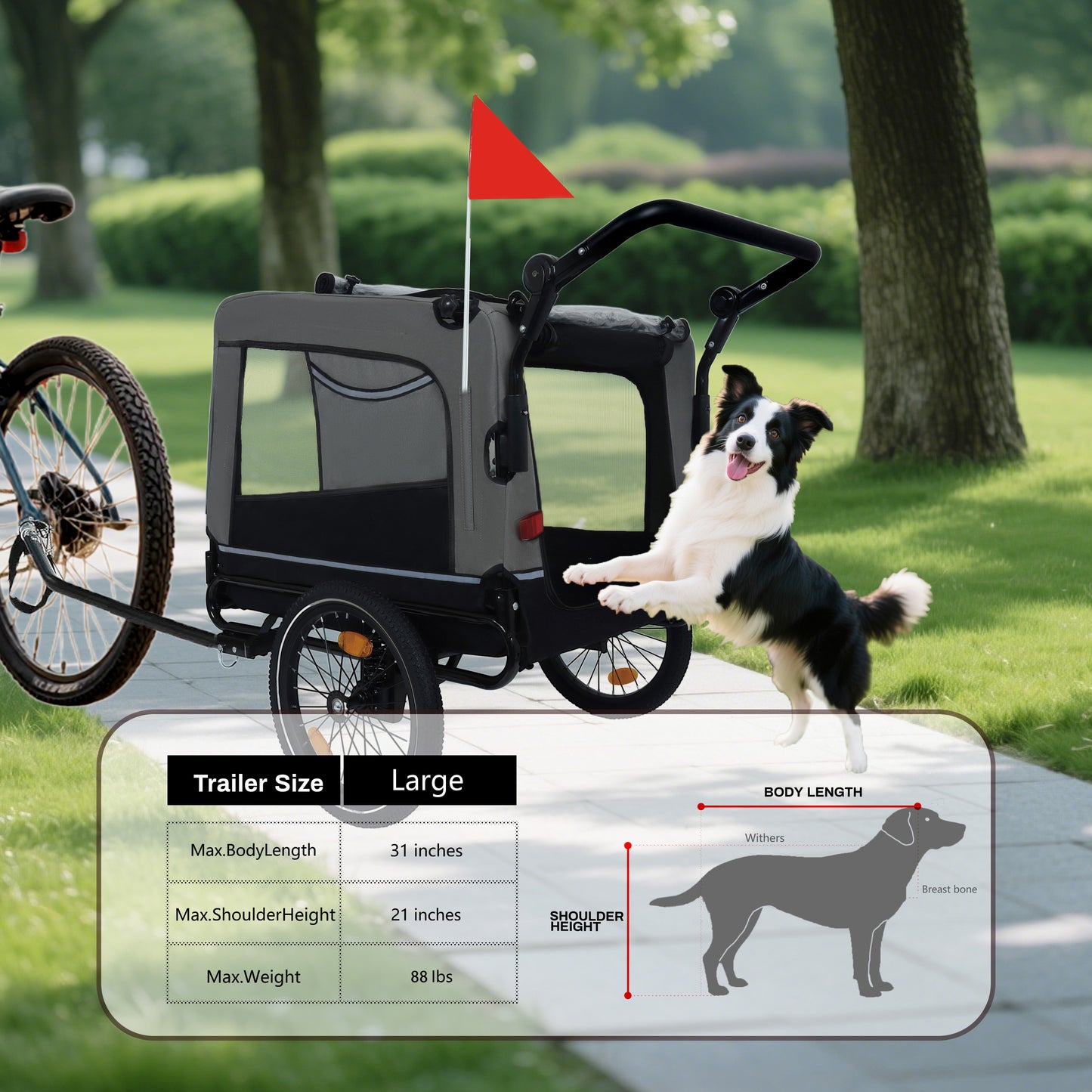 Extra Large 2-in-1 Bike Trailer & Push Cart For Pets - Detachable Bike Hitch & Push Handle Included - All-Terrain Wheels Quick Release, Non-Slip Floor, Internal Leash,  Up To 88 Lbs, Black- Grey
