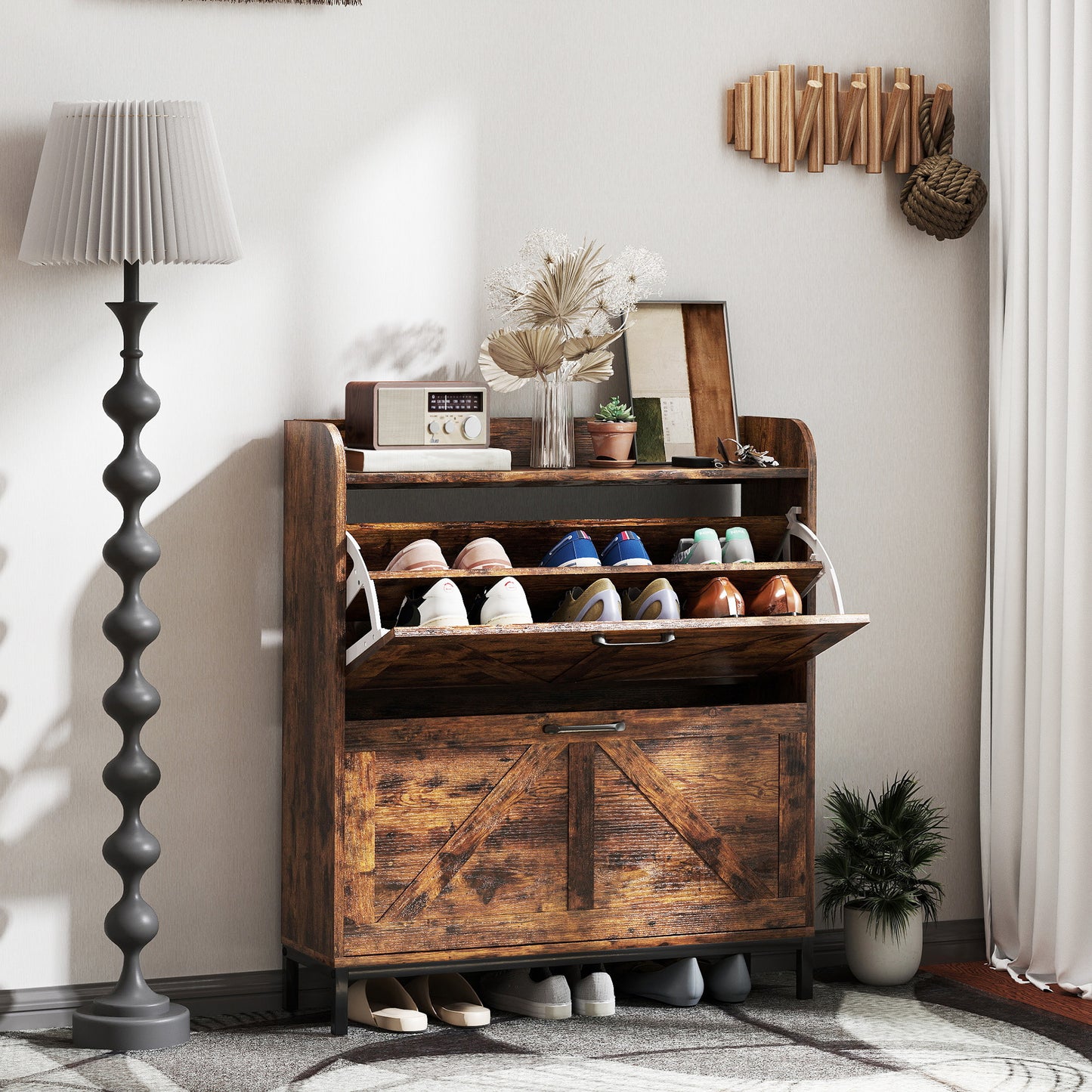 Shoe Cabinet Organizer With 2 Flip Drawers, Legs, Narrow Shoe Storage Cabinet For Entryway, Hallway, Rustic Brown