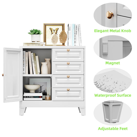 Bathroom Storage Cabinet With 4 Drawers,Metal Bathroom Floor Cabinet With Door And Shelves,Toilet Paper Storage Cabinet For Bathroom,Home,White