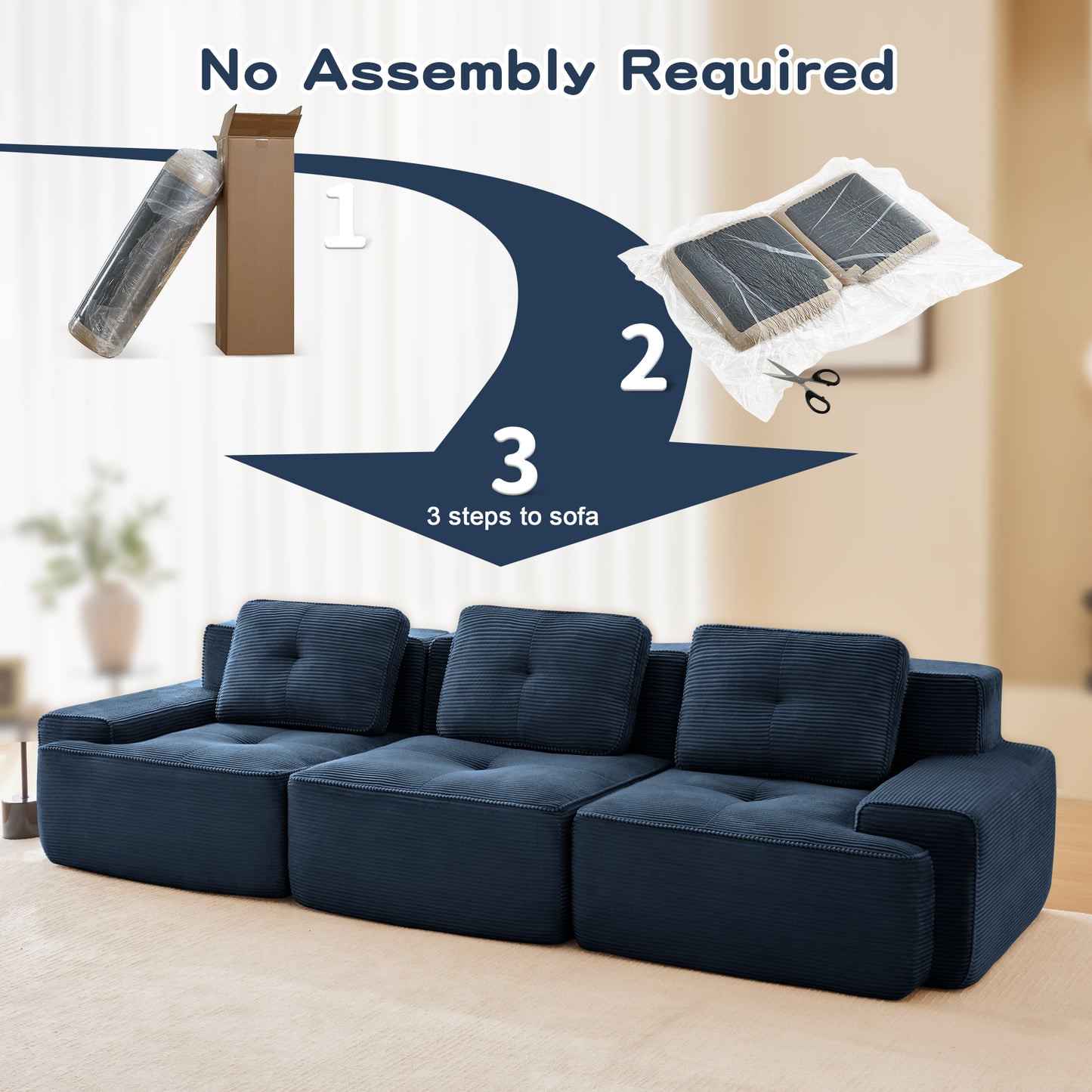 117 Modern Modular Sectional Sofa For Living Room, Corduroy Fabric,Oversized 3-Seater Couch With Deep Seat, Pearl-like Piping, Tufted Design,Buckle Connection,No Assembly,Anti-slip Design,Blue