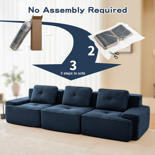 117 Modern Modular Sectional Sofa For Living Room, Corduroy Fabric,Oversized 3-Seater Couch With Deep Seat, Pearl-like Piping, Tufted Design,Buckle Connection,No Assembly,Anti-slip Design,Blue