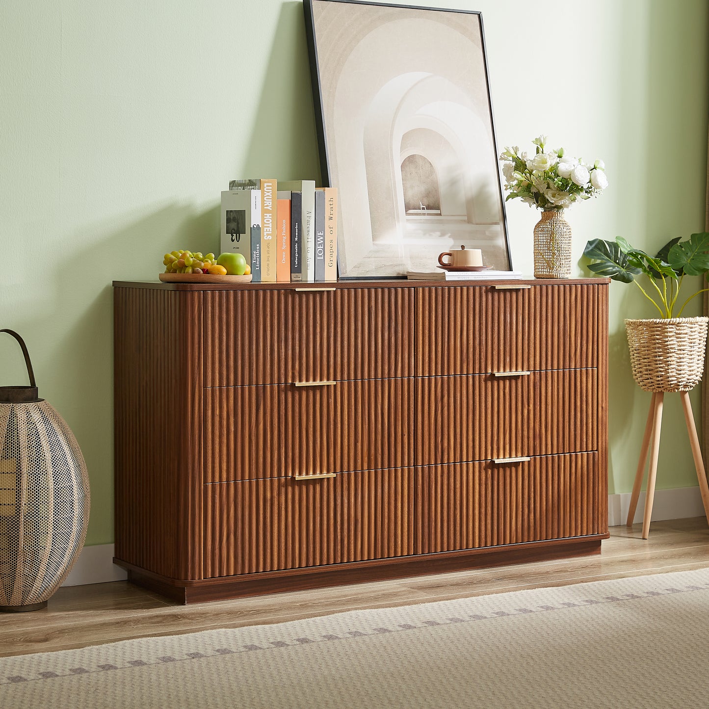 6 Drawers Dresser,55 Wide Modern Chest Of Drawers Curved Wave Design, Dresser TV Stand, Wood Drawer Organizer For Bedroom, Living Room, Hallway, Walnut,55.12''W X 15.75''D X 31.5''H.