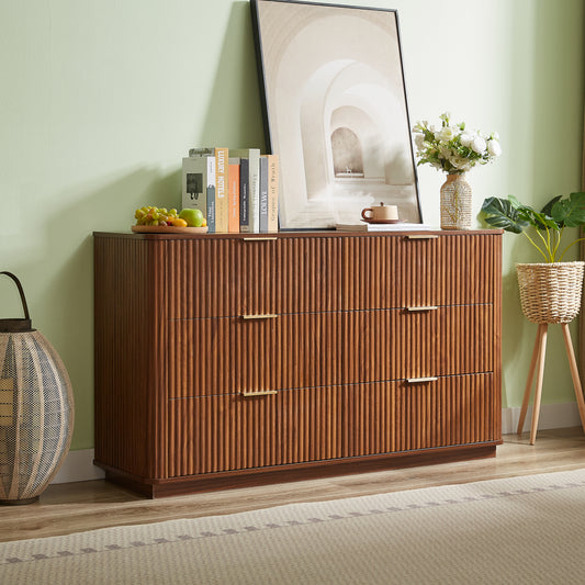 6 Drawers Dresser,55 Wide Modern Chest Of Drawers Curved Wave Design, Dresser TV Stand, Wood Drawer Organizer For Bedroom, Living Room, Hallway, Walnut,55.12''W X 15.75''D X 31.5''H.