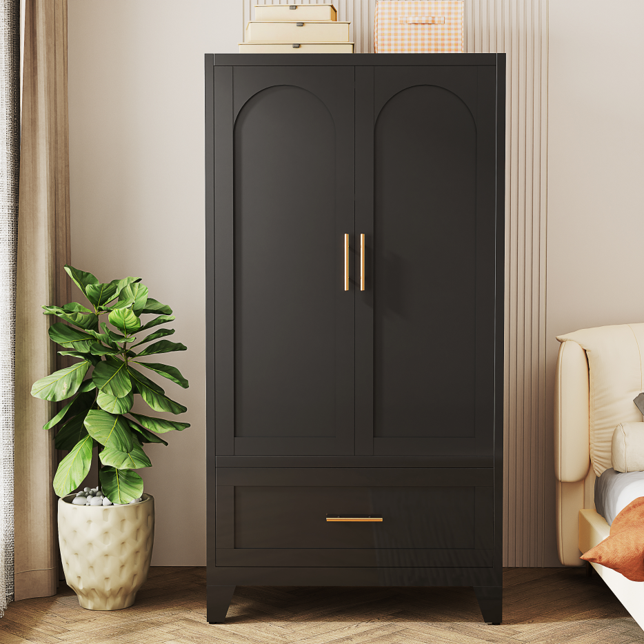 60inch Tall Metal Wardrobe Cabinet With 1 Drawer And Hanging Rod, 2 Doors Wardrobe Closet With Shelf For Bedroom, Office, Laundry Room,Entryway ,Foyer,Guesthouse Black