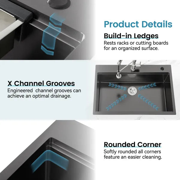 Stainless Steel Kitchen Sink, 33'x22' Single Bowl, Overmount Handmade Sink In Black, With Cutting Board, Colander-Unable Ship Weekends, TK And TEMU Only For Pickup