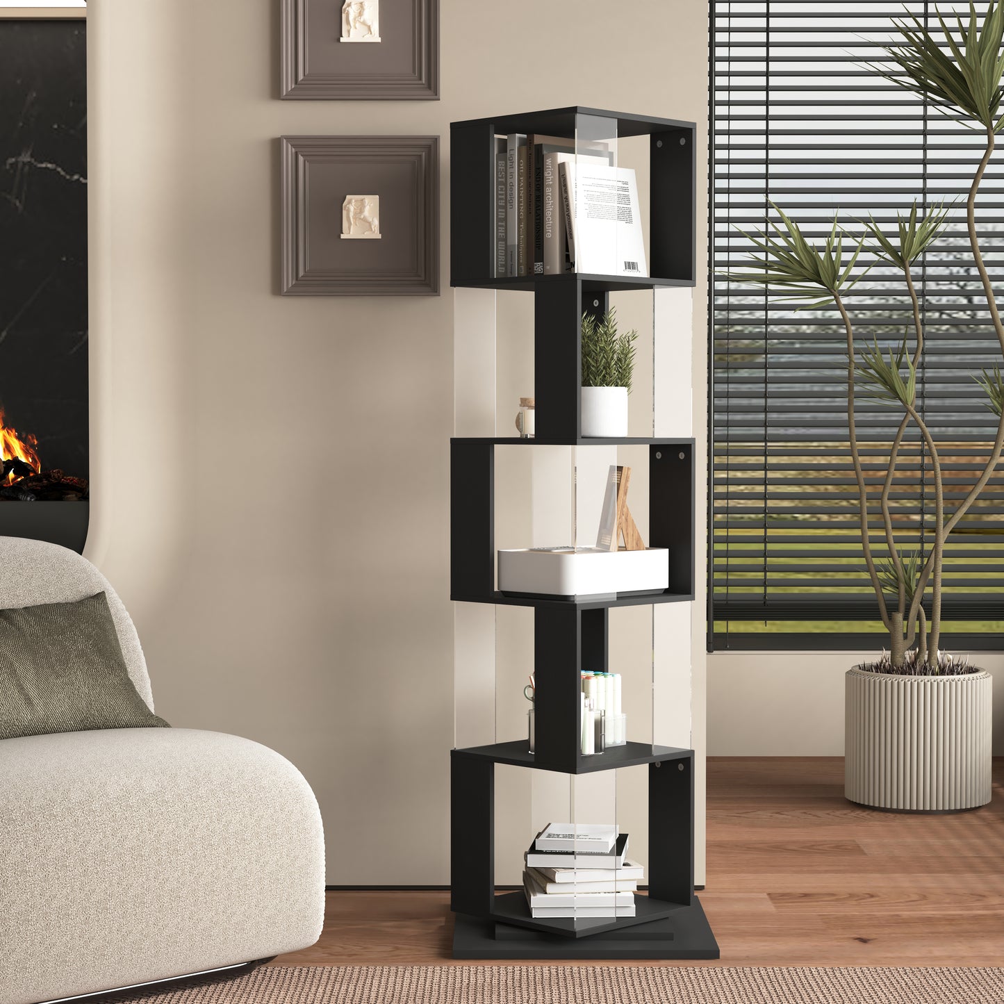 360 Rotating Bookshelf With Acrylic Plate, 5-Tier Tall, Floor Rack Simple Bookcase, Modern Display Shelf For Living Room Home Office Bedroom