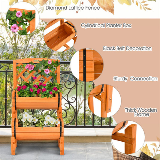 2-Tier Solid Fir Wood Raised Garden Bed With Trellis Cylindrical Planter Box For Climbing Plants