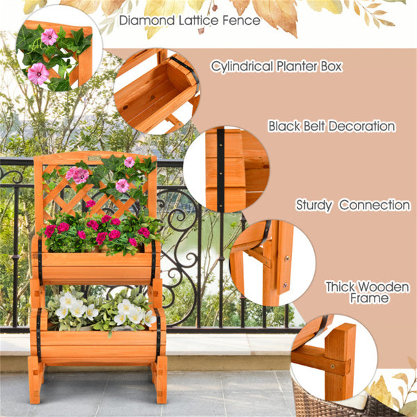 2-Tier Solid Fir Wood Raised Garden Bed With Trellis Cylindrical Planter Box For Climbing Plants
