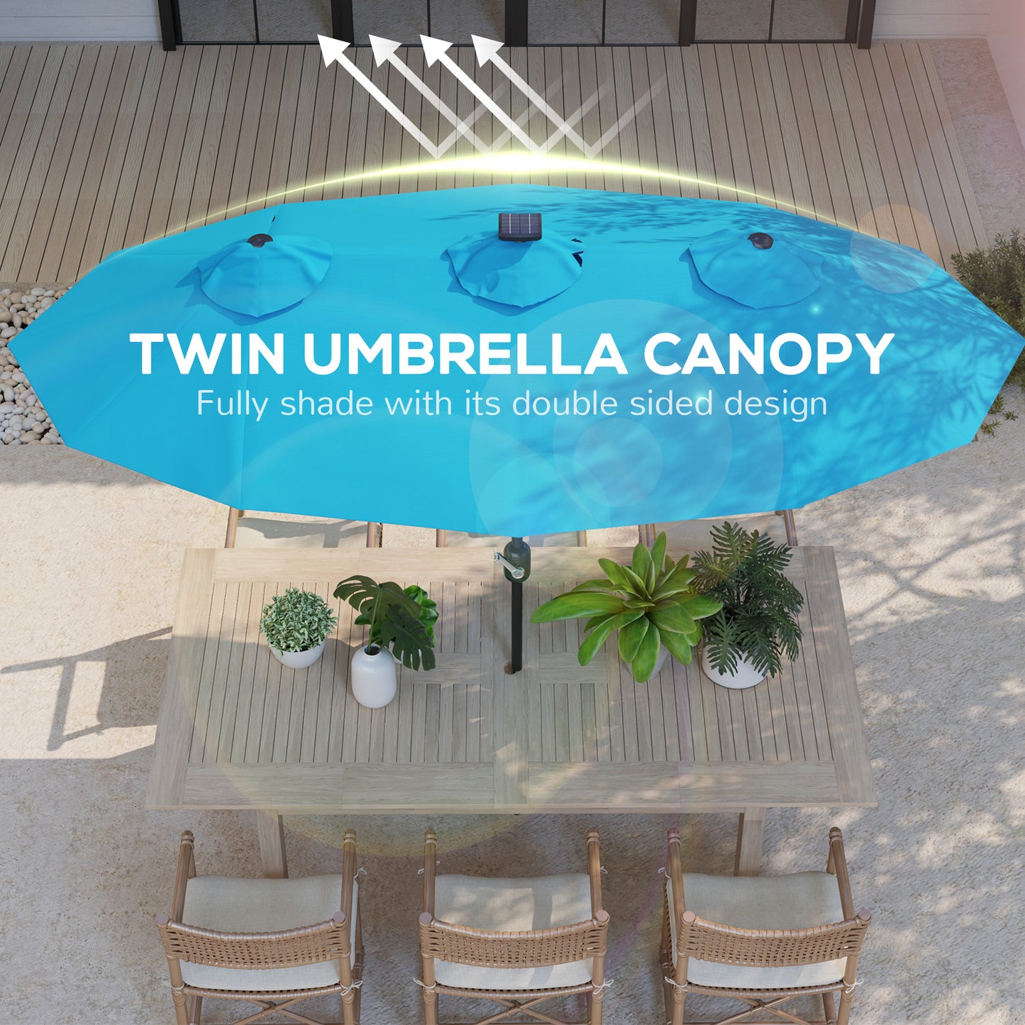 Double-sided Patio Umbrella, 9.7 Outdoor Umbrella With Tilt And Crank, LED Solar Light And 12 Ribs, Light Blue