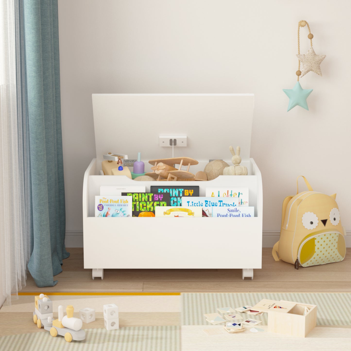 Wooden Toy Box With 4 Universal Wheels, Kids Toy Storage Organizer With Front Bookshelf, Flip-Top Lid, Safety Hinge, Boys Girls Toy Chest Bench For Playroom Kids Room Organization White