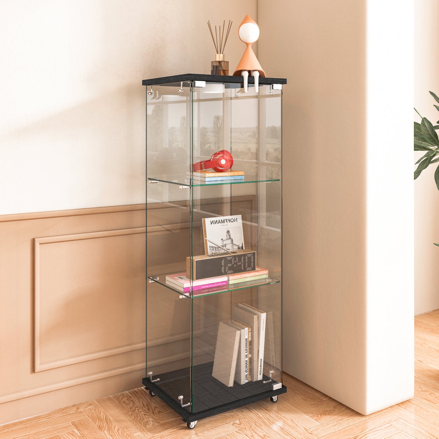 Modern Glass Display Cabinet With LED Lights, Quick-assembly Antique Cabinet, Tempered Glass Bookshelf, Suitable For Living Room And Bedrooms, 1-door 3-shelf, Black