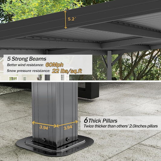 12  X16   Hardtop Lean To Gazebo With Gutters, Connectable Wall Mounted Gazebo Pergola With Galvanized Steel Roof, 60MPH Wind Resistance, Outdoor Large Metal Canopy, For Patio, Deck, Lawn - Grey