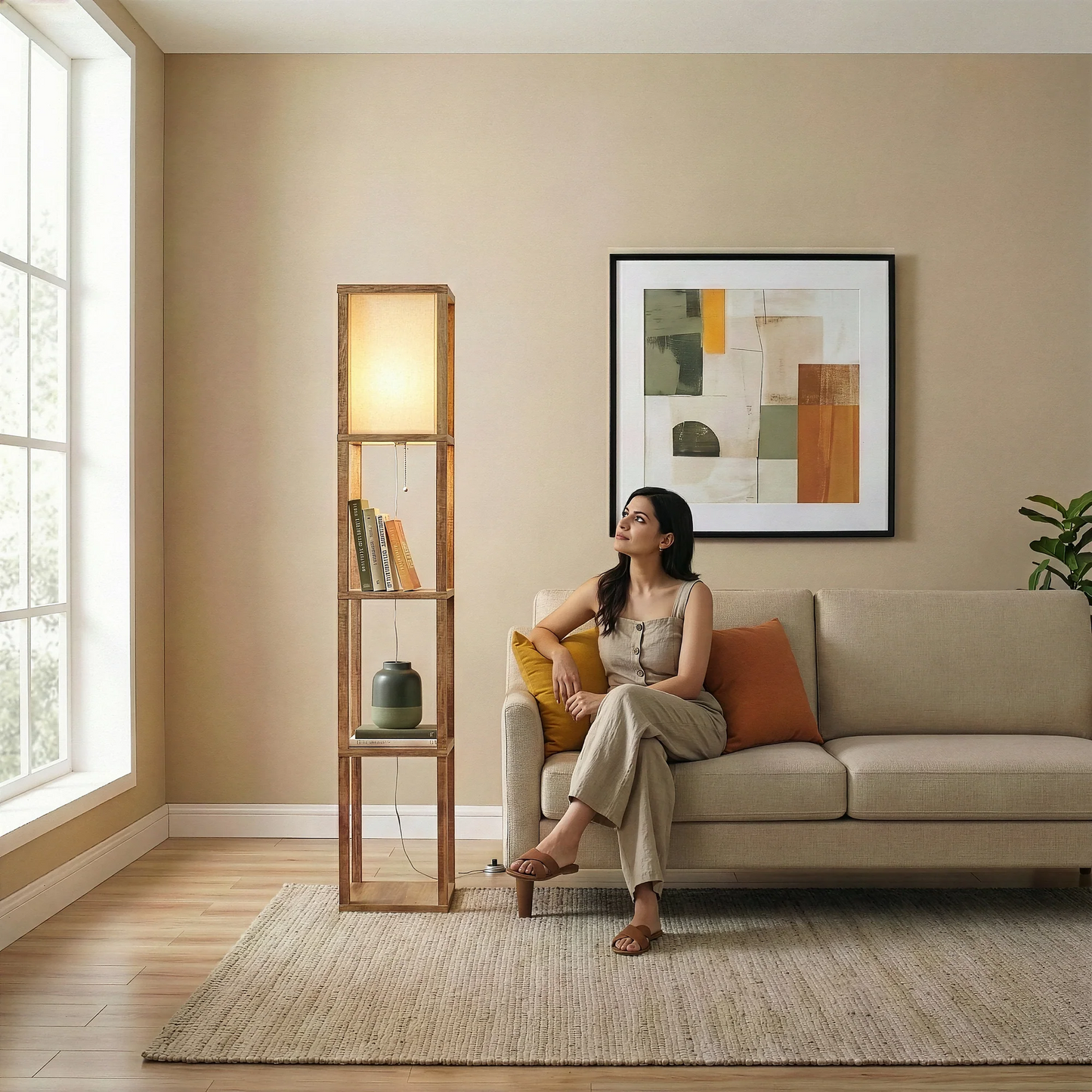 Pinnacle Shelf Floor Lamp For Bedroom Living Room, Natural Wood With Long Shade