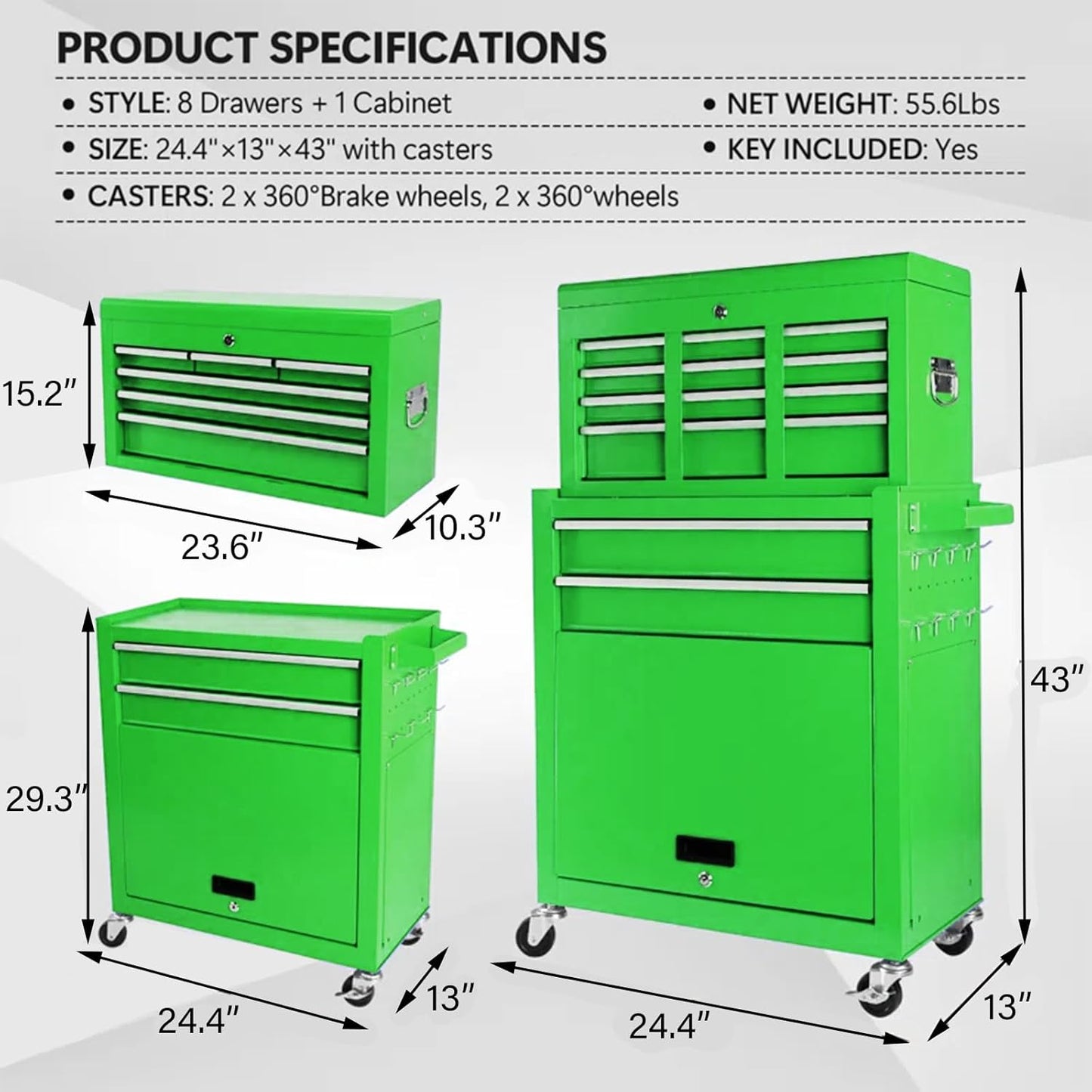 8-Drawer Rolling Tool Chest - 2-in-1 Lockable Tool Box With Wheels, Sliding Drawers & Detachable Top - Garage & Workshop Storage Cabinet, Green