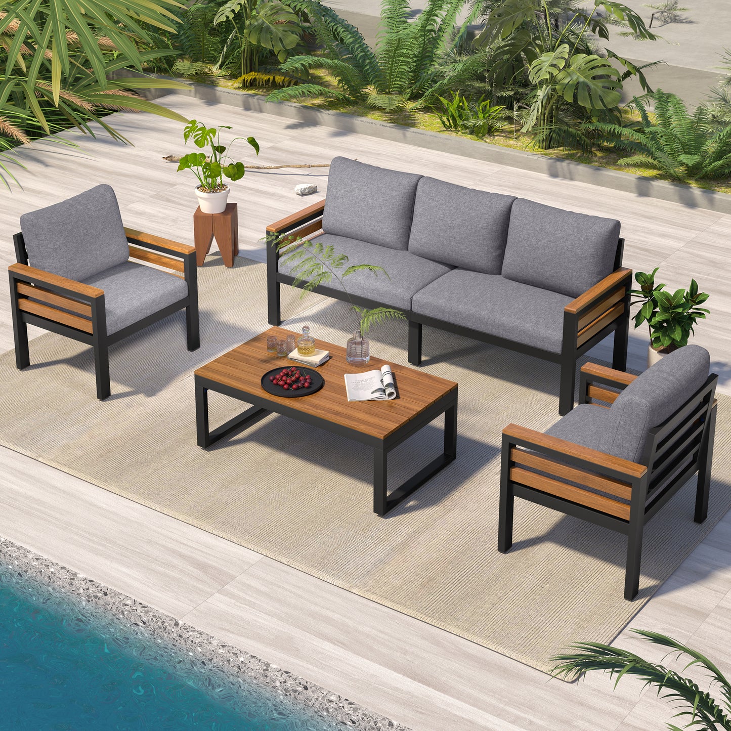 GO 4-Piece Outdoor Furniture Sofa Set For 5 People With  Acacia Wood Armrests, Patio Conversation Set With Removable Cushion And Solid Wood Coffee Table  For Garden, Grey