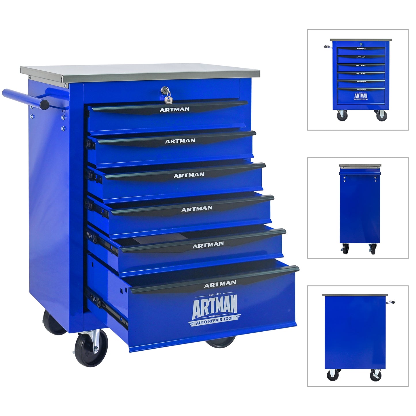 6 Drawers Multifunctional Tool Cart With Wheels,Metal Rolling Tool Cart Storage For Garage Workshop Warehouse Repair Shop--With Stainless Steel Roof- BLACK&BLUE