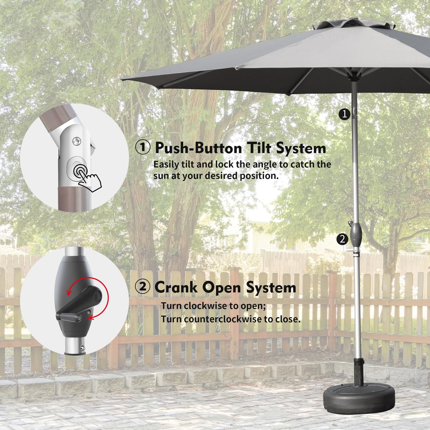 10FT Patio Umbrella, Outdoor Table Umbrella With Push Button Tilt And Crank, UV Protection Waterproof Market Sun Umbrella With 8 Sturdy Ribs For Garden, Deck, Backyard, Pool  Gray  - Base Not Included