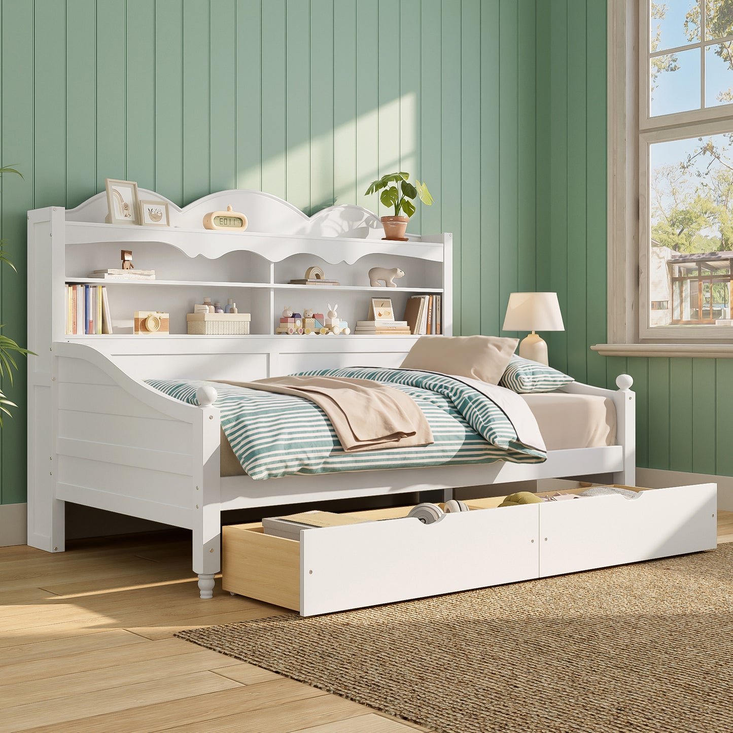 Twin Daybed With Storage Drawers, Wooden Twin Day Bed With Storage Headboard Shelving, Retro Style Daybed For Bedroom,Living Room,Guest Room,No Box Spring Needed, Easy Assembly, White