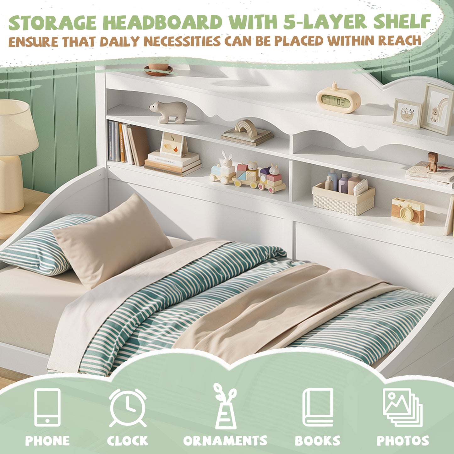 Twin Daybed With Storage Drawers, Wooden Twin Day Bed With Storage Headboard Shelving, Retro Style Daybed For Bedroom,Living Room,Guest Room,No Box Spring Needed, Easy Assembly, White